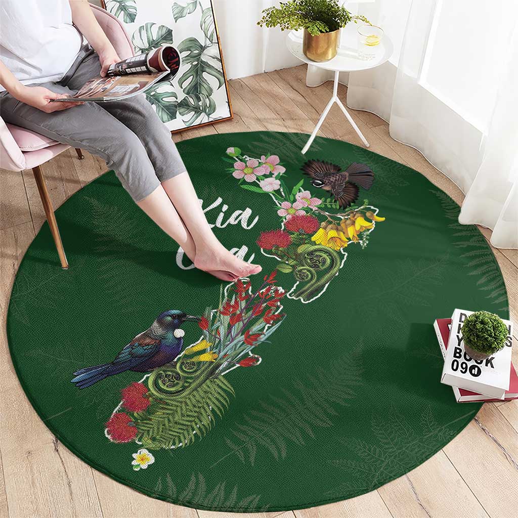 Kia Ora New Zealand Floral Round Carpet Sage Green - Polynesian Pride
