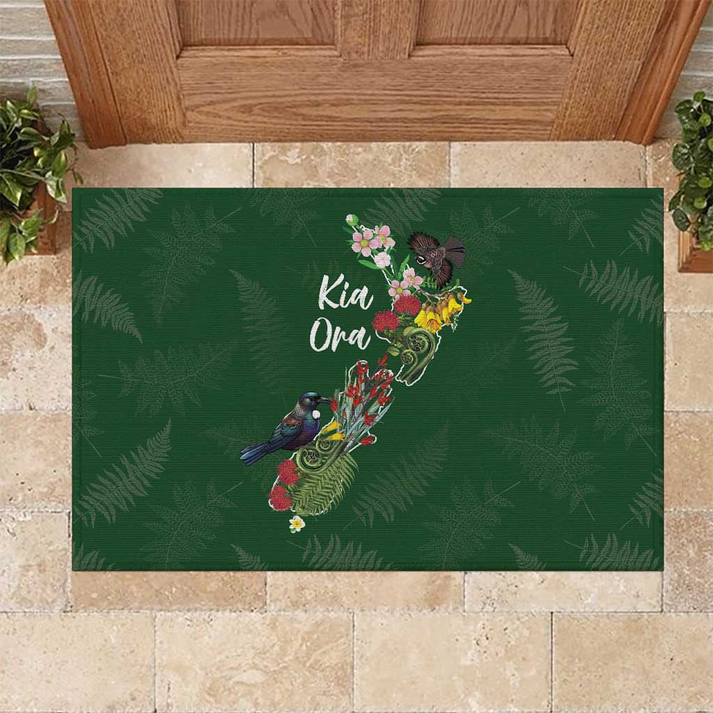 Kia Ora New Zealand Floral Rubber Doormat Sage Green - Polynesian Pride