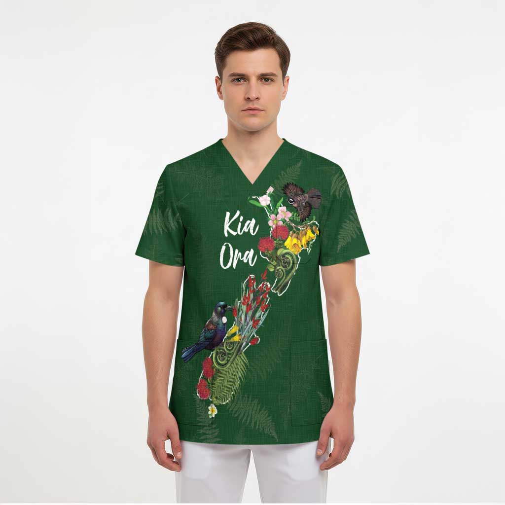Kia Ora New Zealand Floral Personalized Scrub Top Sage Green - Polynesian Pride