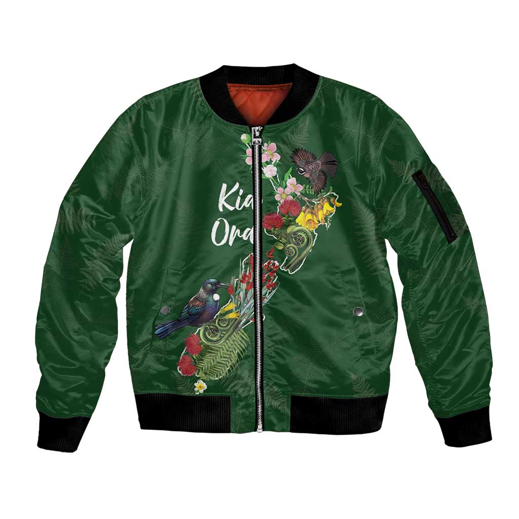 Kia Ora New Zealand Floral Personalized Sleeve Zip Bomber Jacket Sage Green LT7 Unisex Sage Green - Polynesian Pride