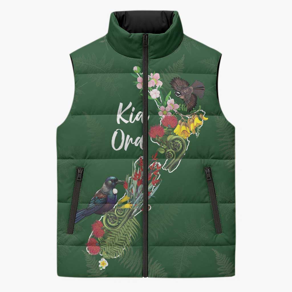Kia Ora New Zealand Floral Personalized Sleeveless Puffer Jacket Sage Green - Polynesian Pride