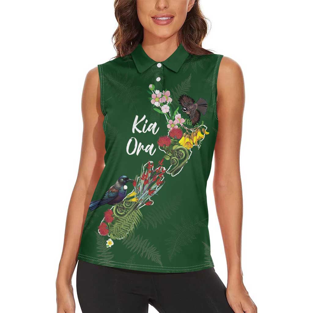 Kia Ora New Zealand Floral Personalized Women Sleeveless Polo Shirt Sage Green - Polynesian Pride