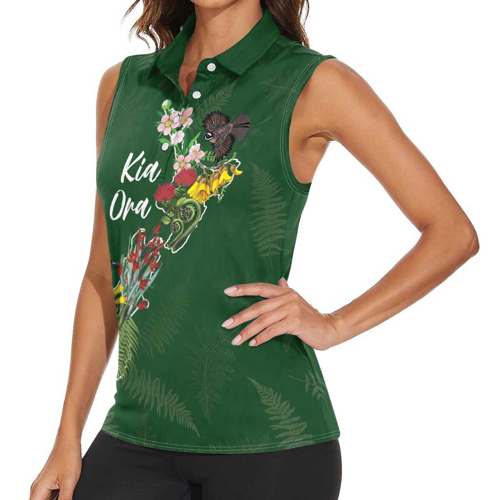 Kia Ora New Zealand Floral Personalized Women Sleeveless Polo Shirt Sage Green - Polynesian Pride