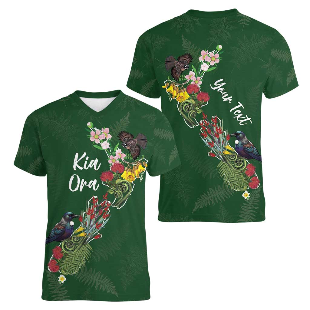 Kia Ora New Zealand Floral Personalized Women V-Neck T-Shirt Sage Green - Polynesian Pride