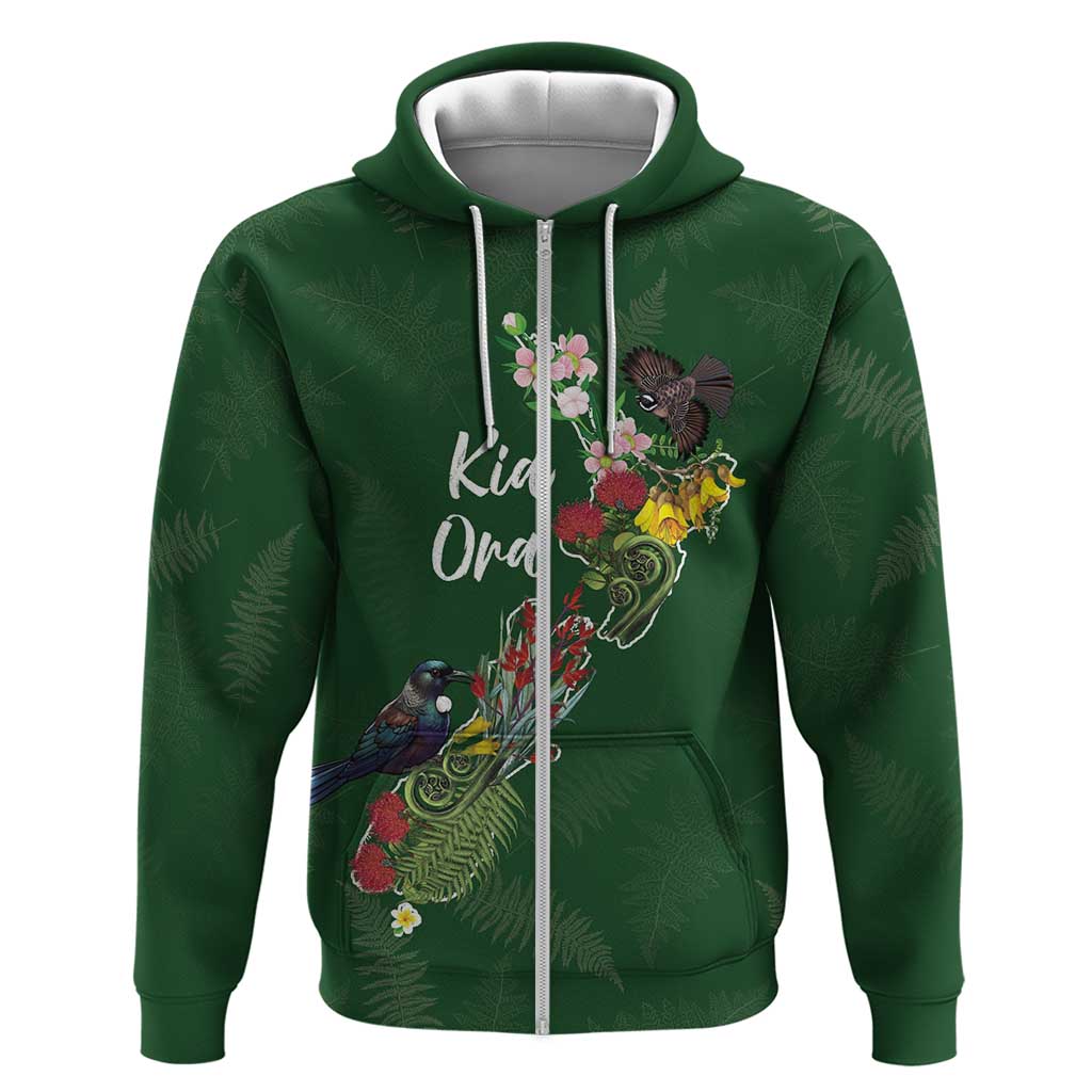 Kia Ora New Zealand Floral Personalized Zip Hoodie Sage Green LT7 Zip Hoodie Sage Green - Polynesian Pride