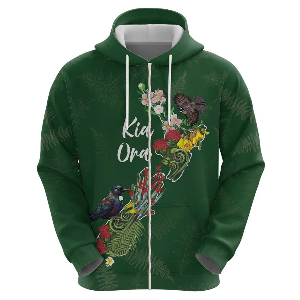 Kia Ora New Zealand Floral Personalized Zip Hoodie Sage Green LT7 - Polynesian Pride