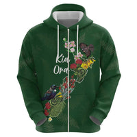 Kia Ora New Zealand Floral Personalized Zip Hoodie Sage Green LT7 - Polynesian Pride