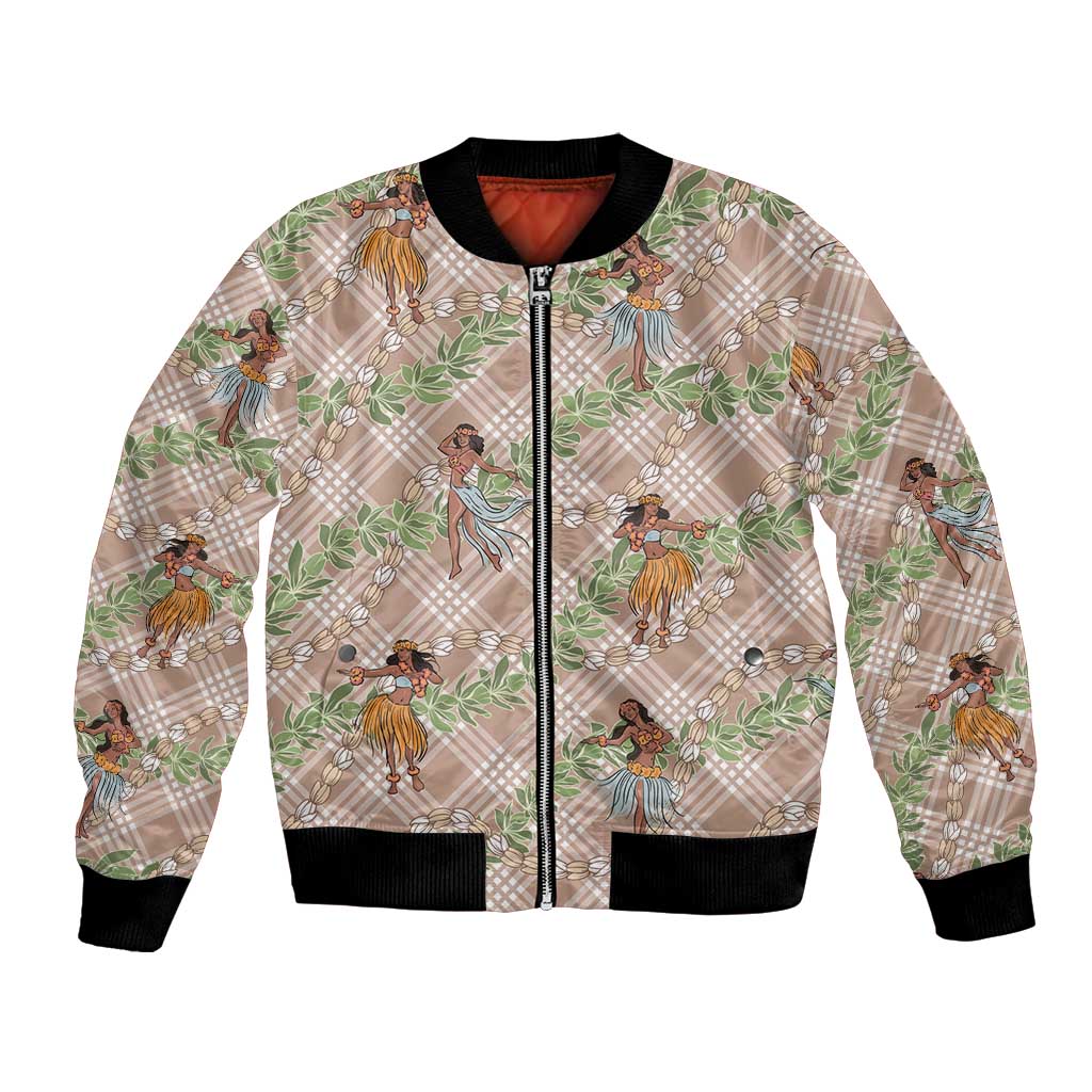 Beige Palaka Hula Girls Seamless Hawaii Aloha Bomber Jacket - Polynesian Pride