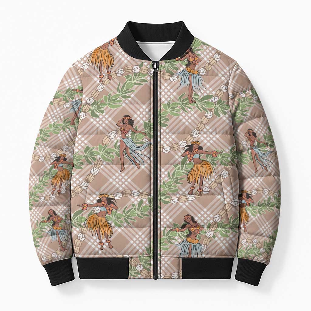 Beige Palaka Hula Girls Seamless Hawaii Aloha Bomber Puffer Jacket - Polynesian Pride