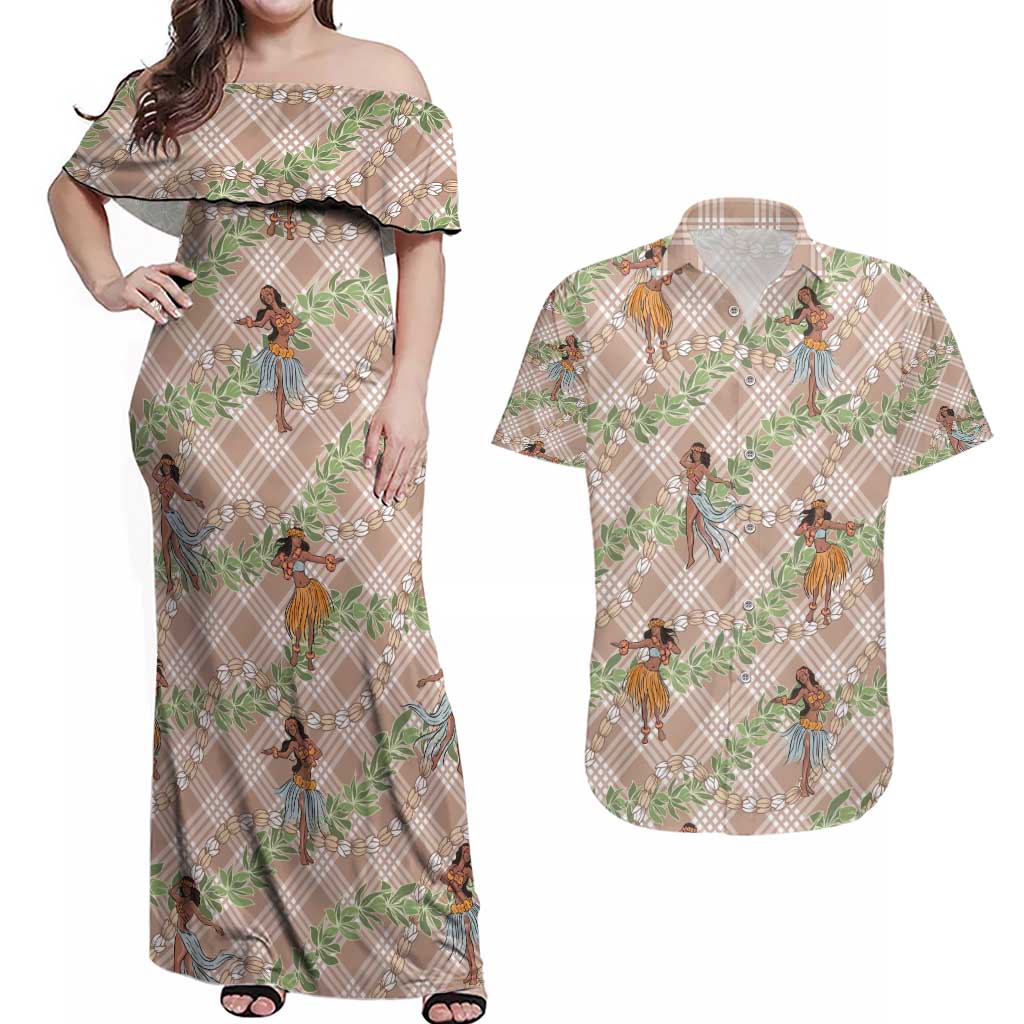 Beige Palaka Hula Girls Seamless Hawaii Aloha Couples Matching Off Shoulder Maxi Dress and Hawaiian Shirt - Polynesian Pride