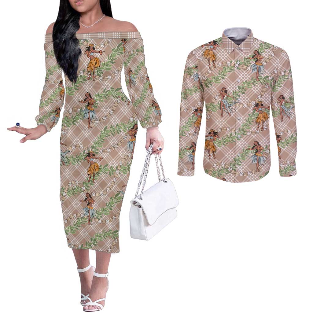 Beige Palaka Hula Girls Seamless Hawaii Aloha Couples Matching Off The Shoulder Long Sleeve Dress and Long Sleeve Button Shirt - Polynesian Pride
