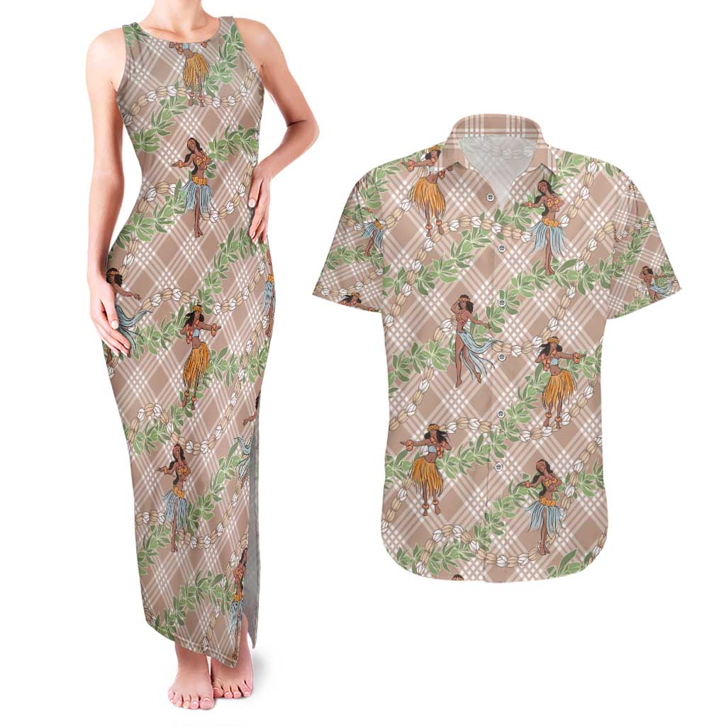 Beige Palaka Hula Girls Seamless Hawaii Aloha Couples Matching Tank Maxi Dress and Hawaiian Shirt - Polynesian Pride