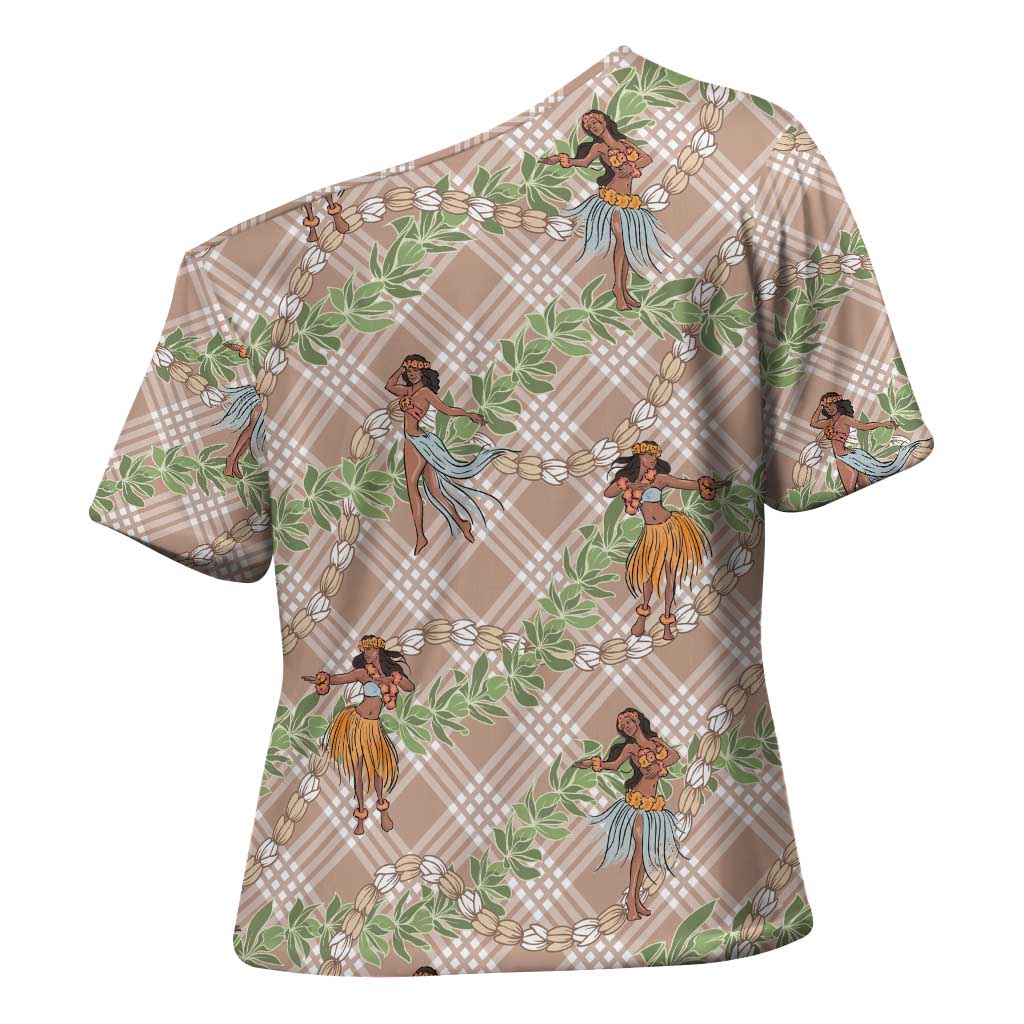 Beige Palaka Hula Girls Seamless Hawaii Aloha Cross Shoulder Shirt - Polynesian Pride