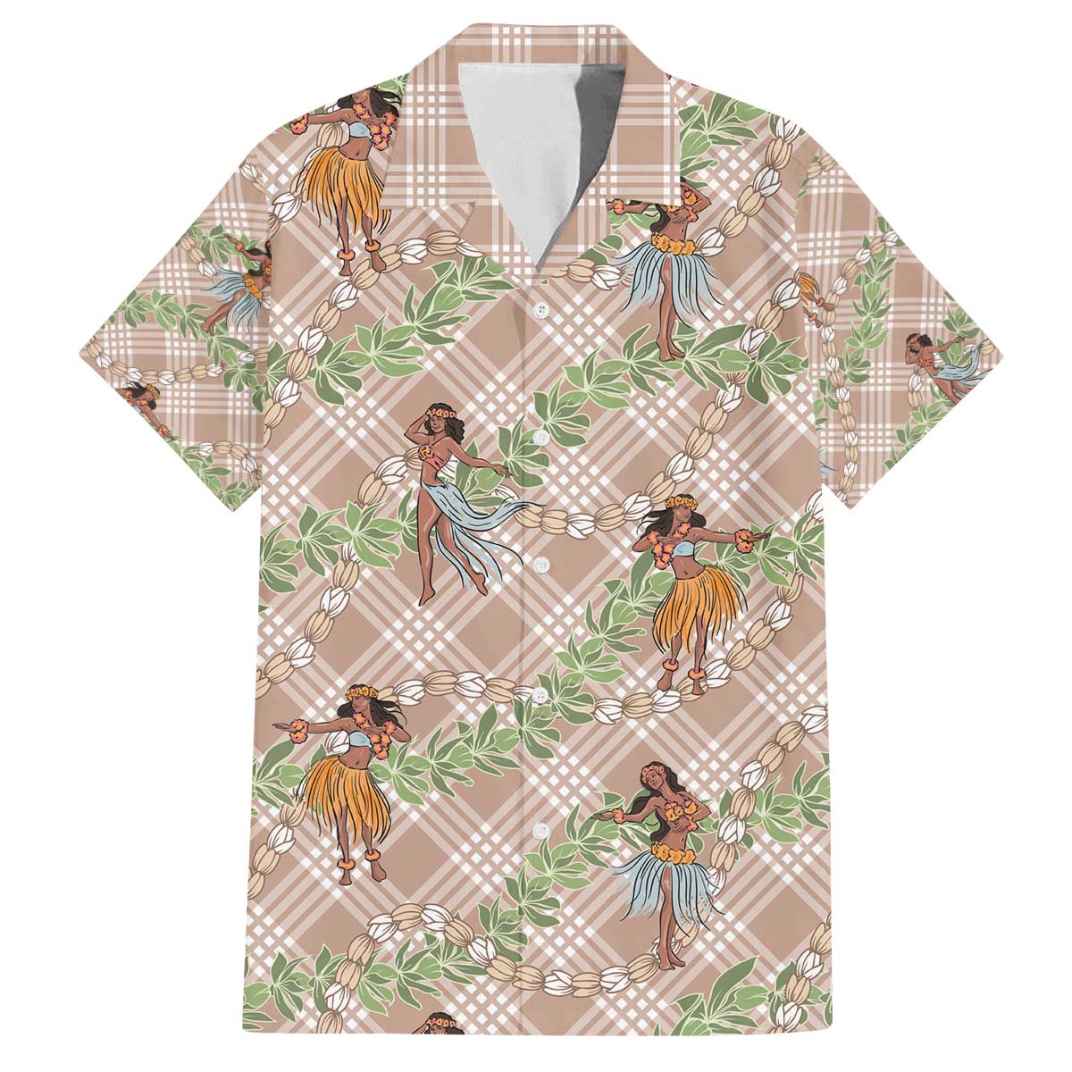 Beige Palaka Hula Girls Seamless Hawaii Aloha Family Matching Off The Shoulder Long Sleeve Dress and Hawaiian Shirt - Polynesian Pride