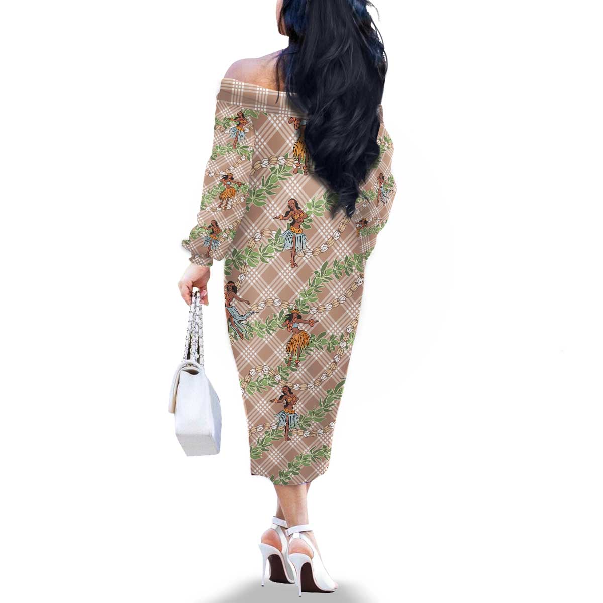 Beige Palaka Hula Girls Seamless Hawaii Aloha Family Matching Off The Shoulder Long Sleeve Dress and Hawaiian Shirt - Polynesian Pride