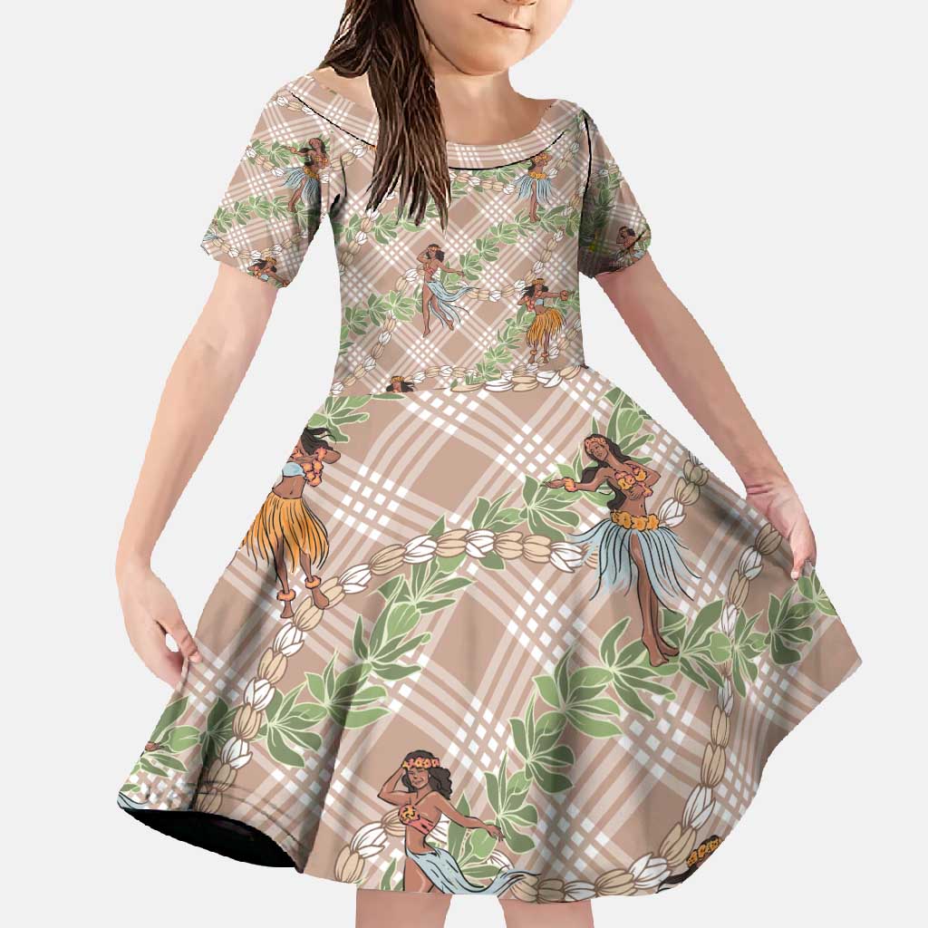 Beige Palaka Hula Girls Seamless Hawaii Aloha Family Matching Off Shoulder Maxi Dress and Hawaiian Shirt - Polynesian Pride