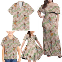 Beige Palaka Hula Girls Seamless Hawaii Aloha Family Matching Off Shoulder Maxi Dress and Hawaiian Shirt - Polynesian Pride