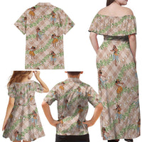 Beige Palaka Hula Girls Seamless Hawaii Aloha Family Matching Off Shoulder Maxi Dress and Hawaiian Shirt - Polynesian Pride