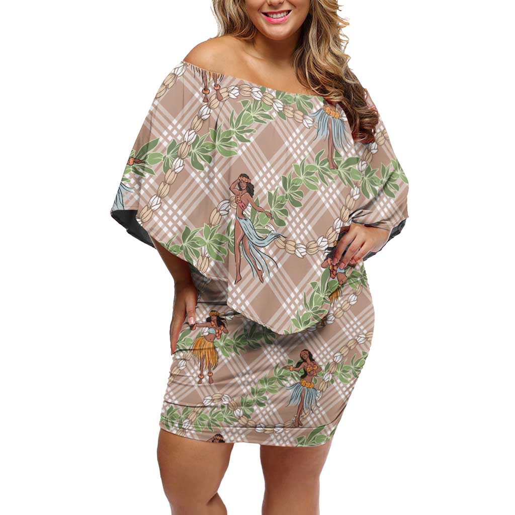 Beige Palaka Hula Girls Seamless Hawaii Aloha Family Matching Off Shoulder Short Dress and Hawaiian Shirt - Polynesian Pride