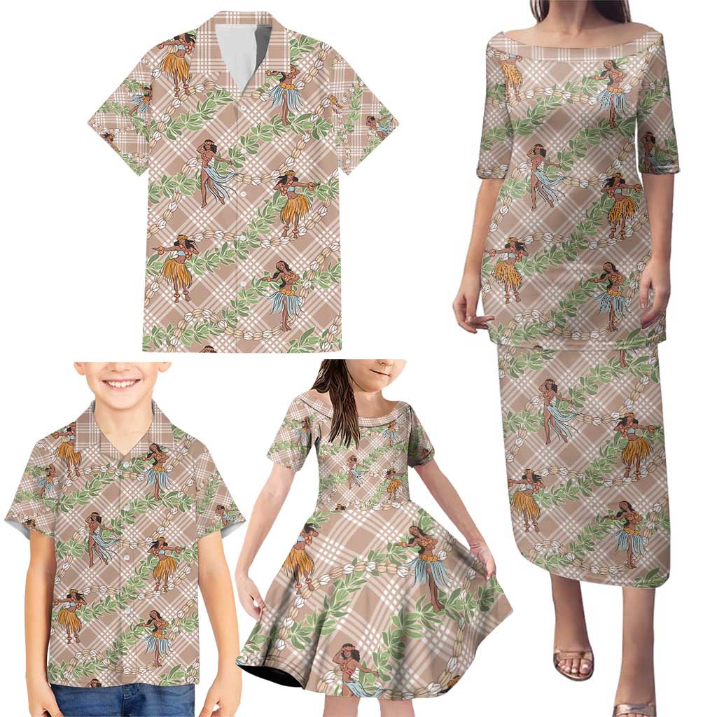 Beige Palaka Hula Girls Seamless Hawaii Aloha Family Matching Puletasi and Hawaiian Shirt - Polynesian Pride