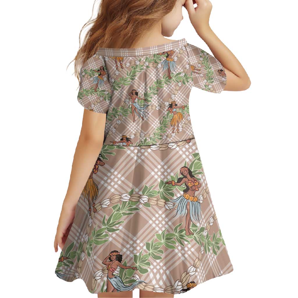 Beige Palaka Hula Girls Seamless Hawaii Aloha Family Matching Short Sleeve Bodycon Dress and Hawaiian Shirt - Polynesian Pride