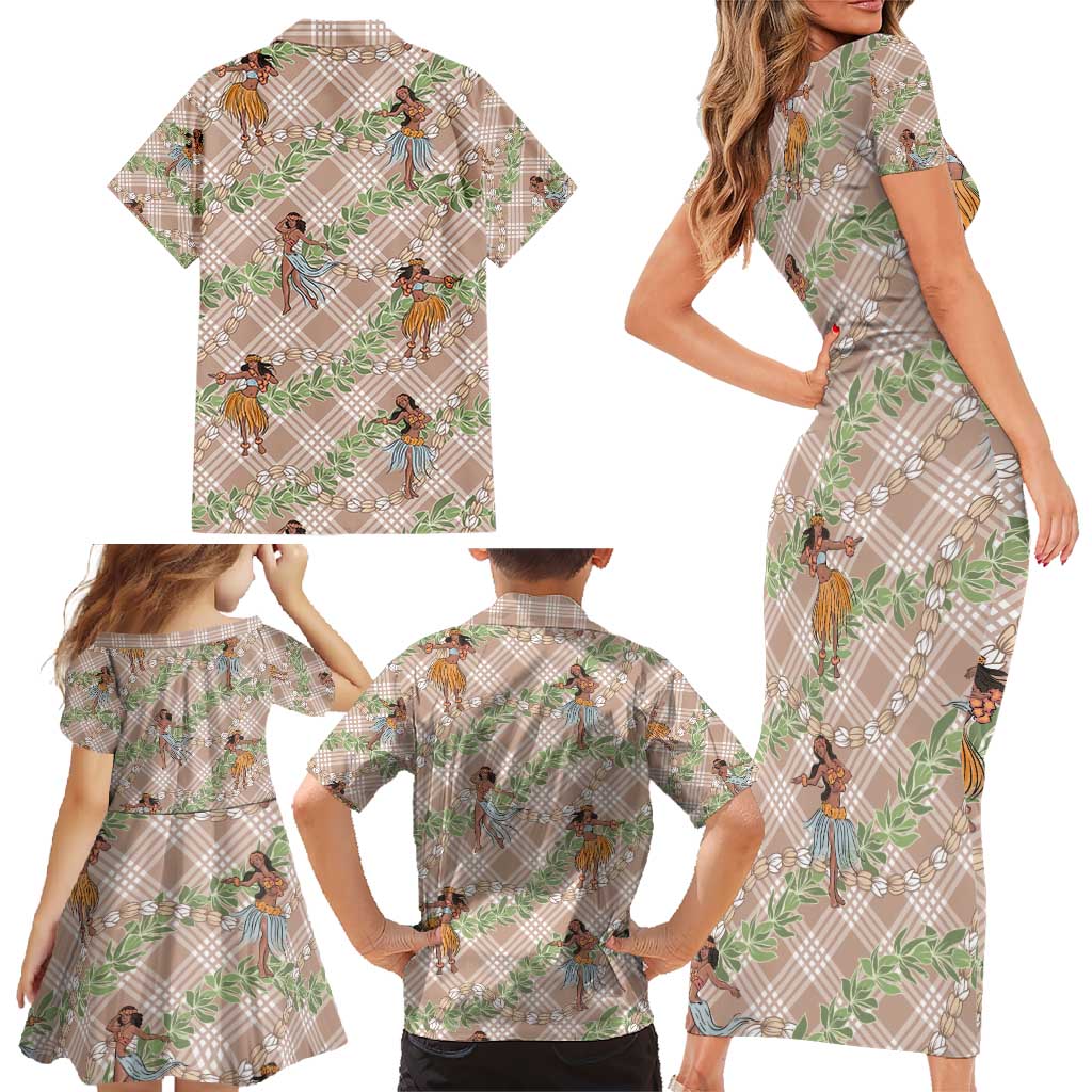 Beige Palaka Hula Girls Seamless Hawaii Aloha Family Matching Short Sleeve Bodycon Dress and Hawaiian Shirt - Polynesian Pride