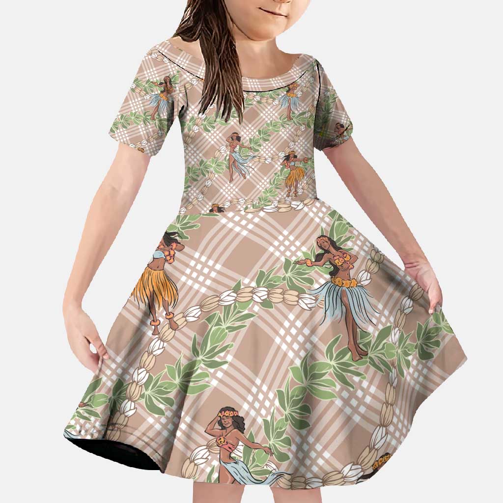 Beige Palaka Hula Girls Seamless Hawaii Aloha Family Matching Summer Maxi Dress and Hawaiian Shirt - Polynesian Pride