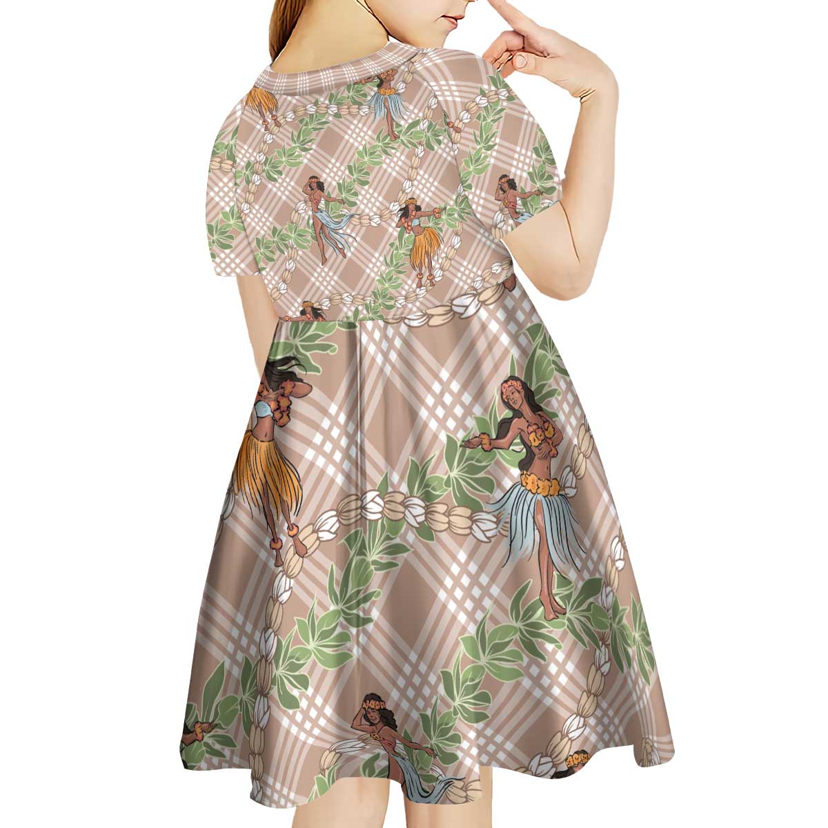 Beige Palaka Hula Girls Seamless Hawaii Aloha Kid Short Sleeve Dress - Polynesian Pride