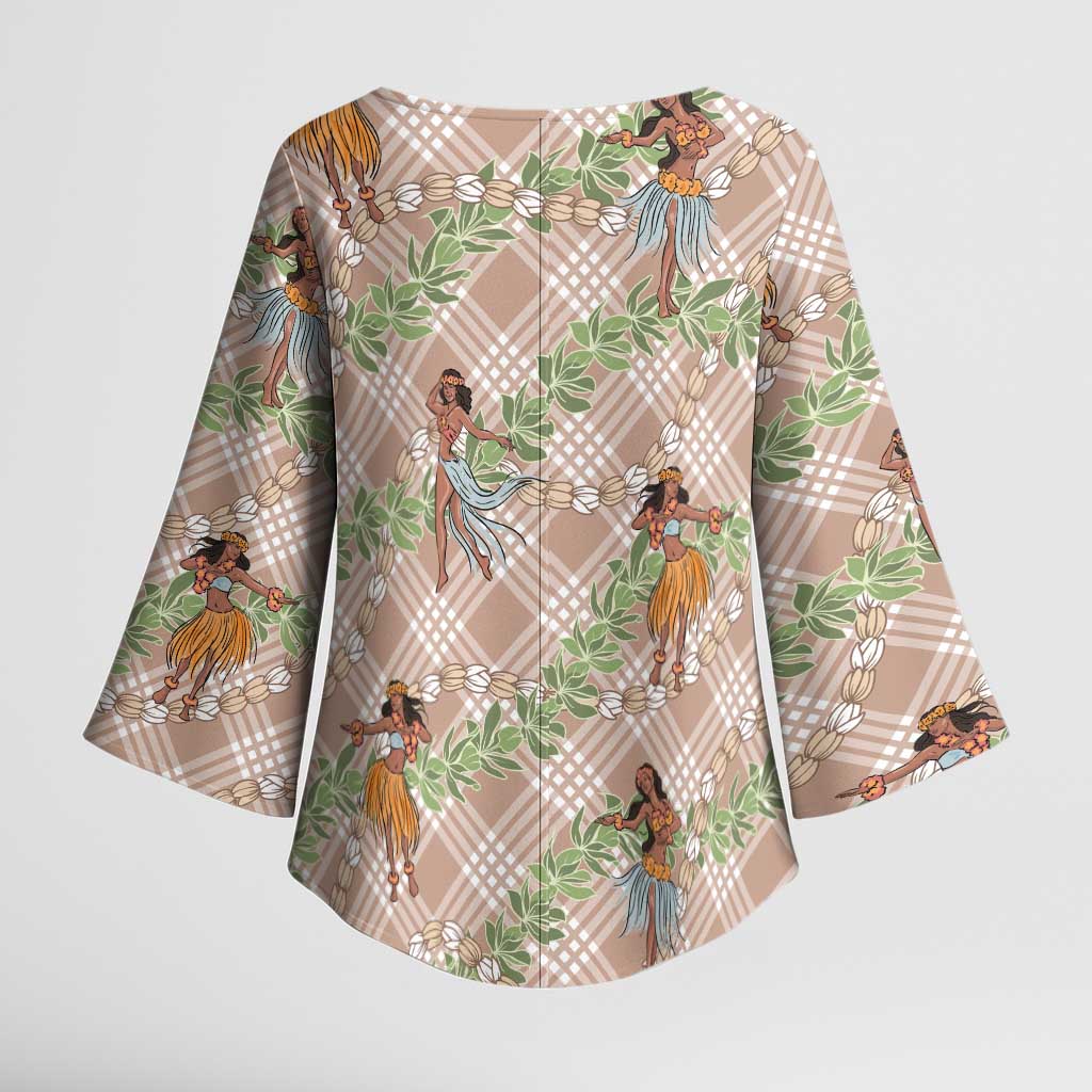 Beige Palaka Hula Girls Seamless Hawaii Aloha Kimono Sleeve Blouse - Polynesian Pride