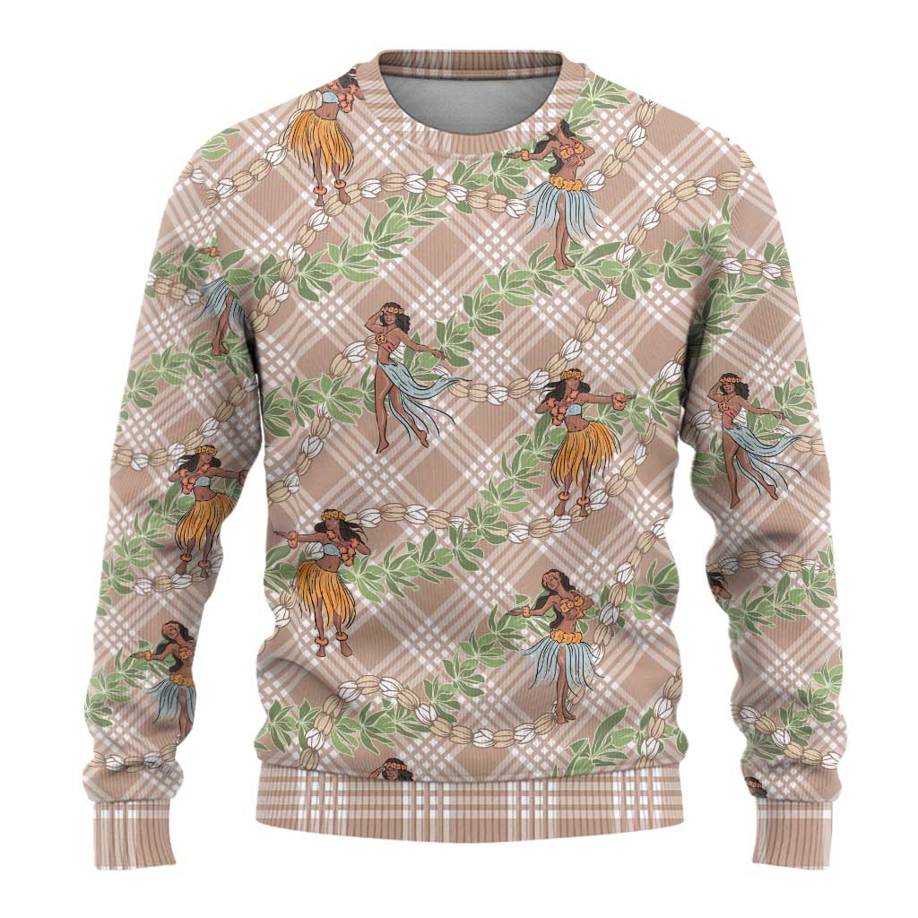 Beige Palaka Hula Girls Seamless Hawaii Aloha Ugly Christmas Sweater - Polynesian Pride