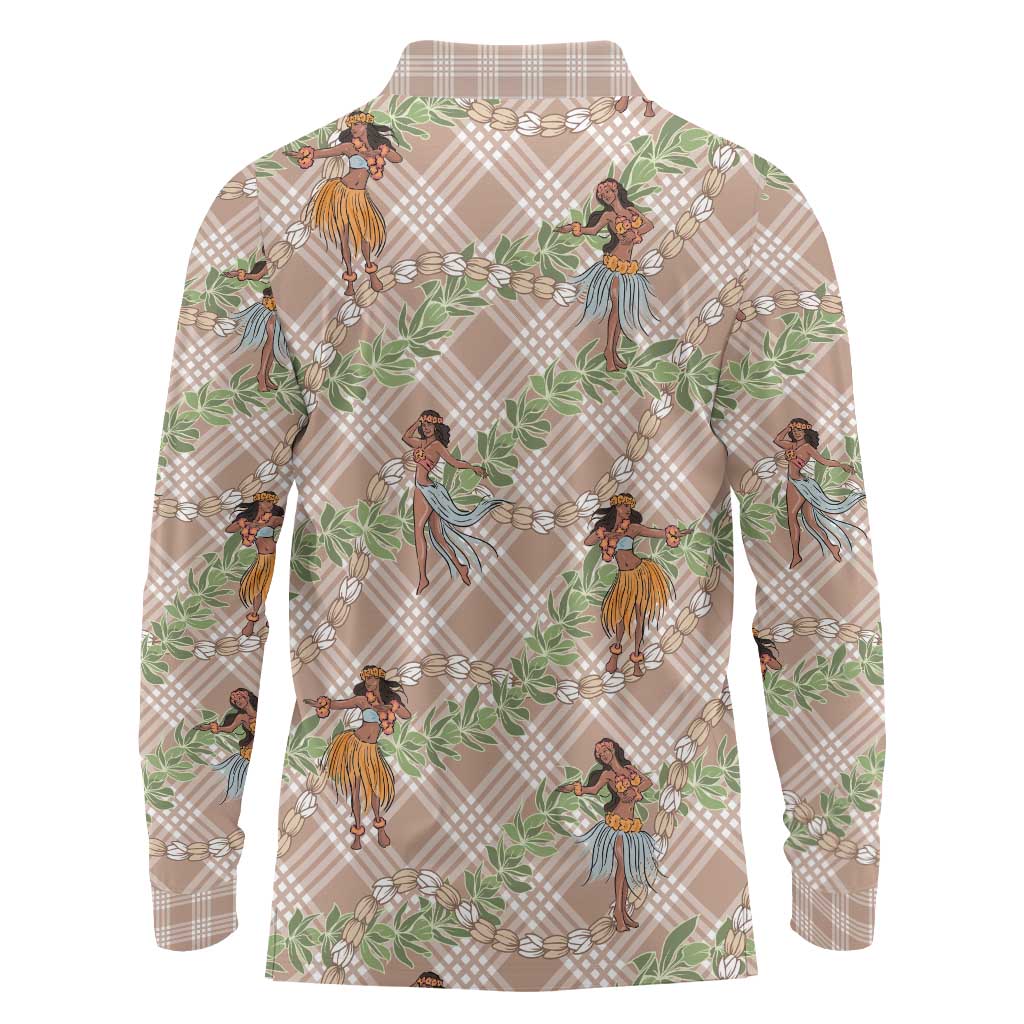 Beige Palaka Hula Girls Seamless Hawaii Aloha Long Sleeve Polo Shirt - Polynesian Pride