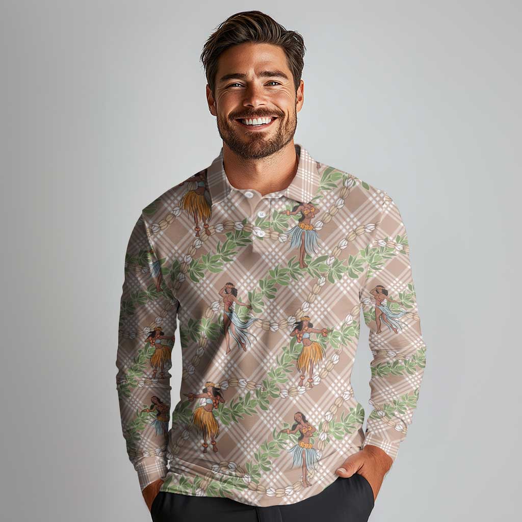 Beige Palaka Hula Girls Seamless Hawaii Aloha Long Sleeve Polo Shirt - Polynesian Pride
