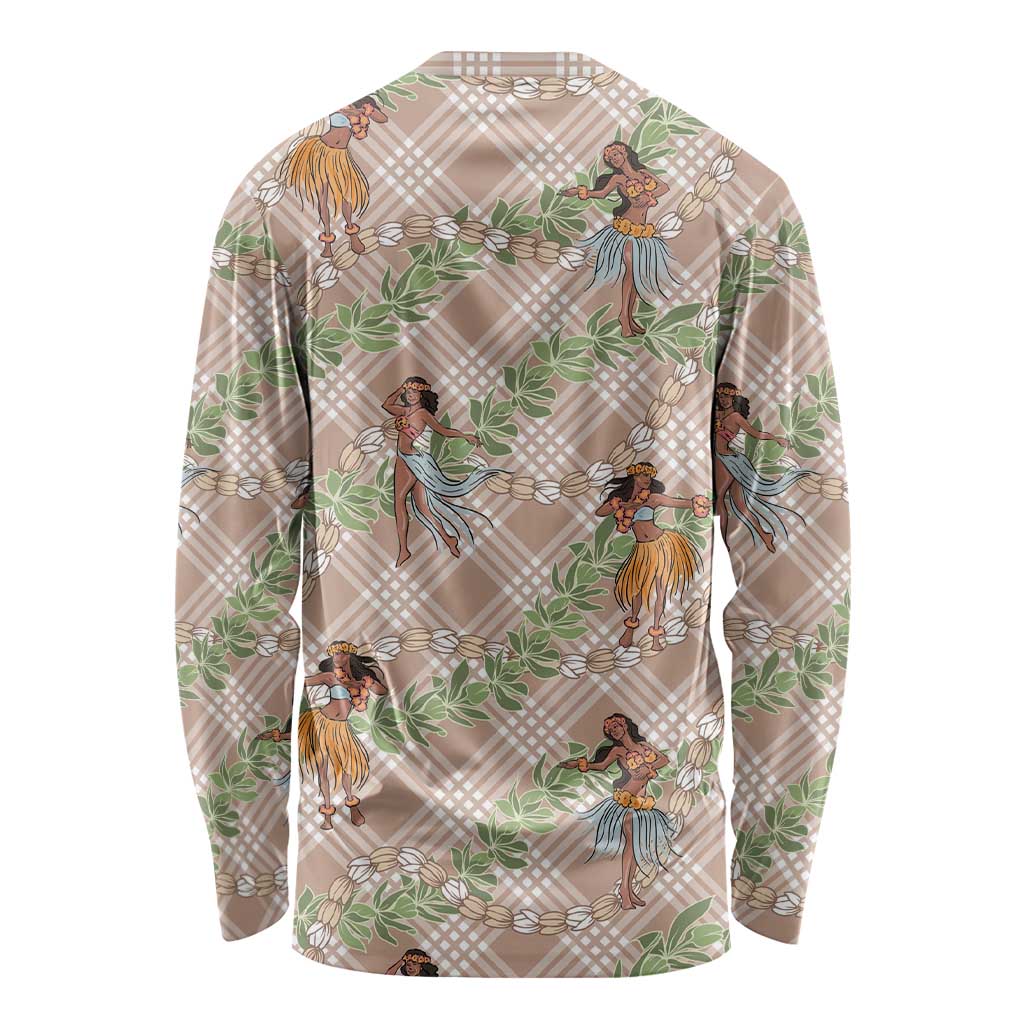 Beige Palaka Hula Girls Seamless Hawaii Aloha Long Sleeve Shirt - Polynesian Pride