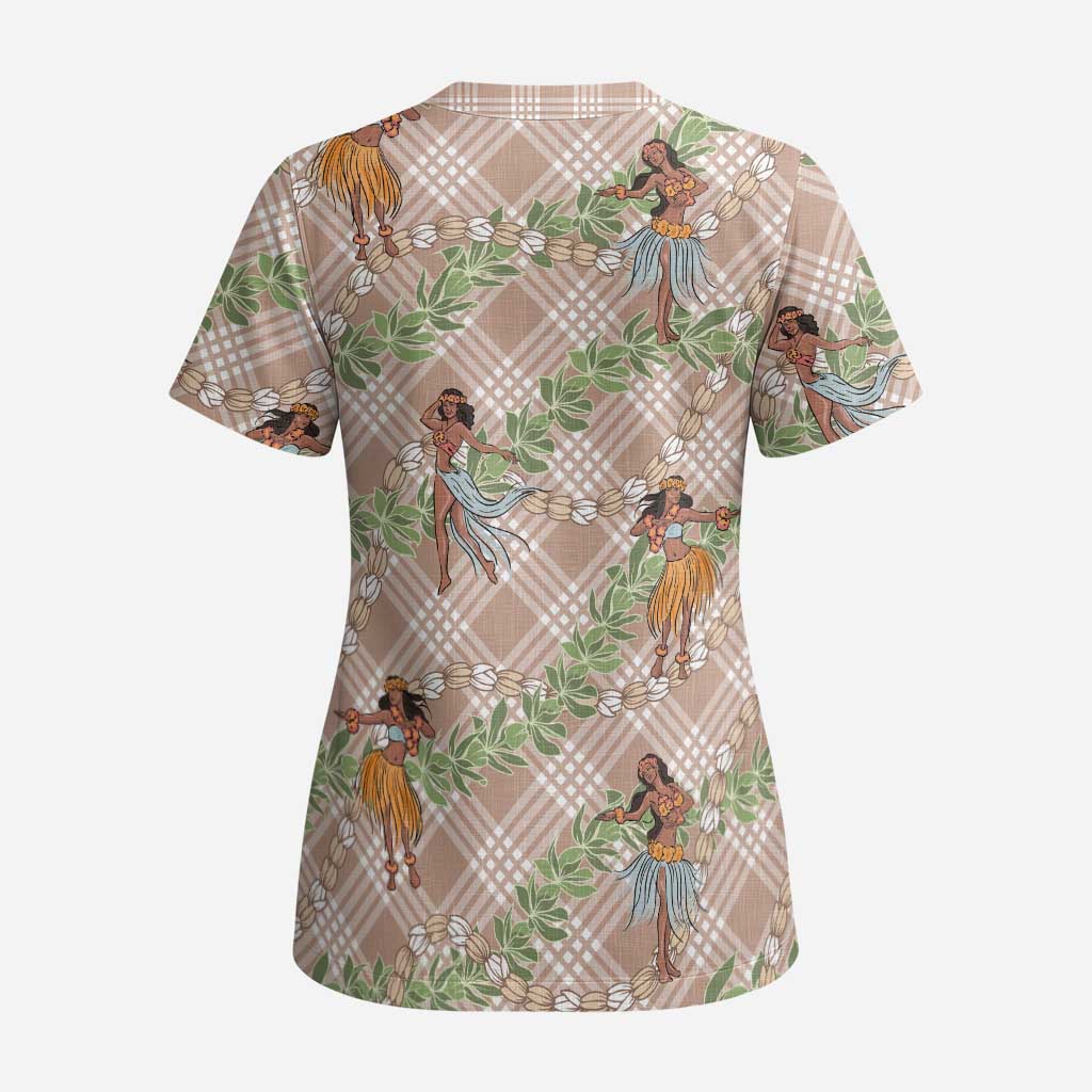 Beige Palaka Hula Girls Seamless Hawaii Aloha Scrub Top - Polynesian Pride