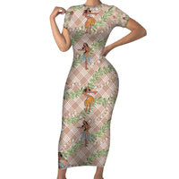 Beige Palaka Hula Girls Seamless Hawaii Aloha Short Sleeve Bodycon Dress - Polynesian Pride