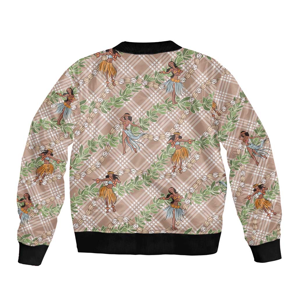 Beige Palaka Hula Girls Seamless Hawaii Aloha Sleeve Zip Bomber Jacket - Polynesian Pride