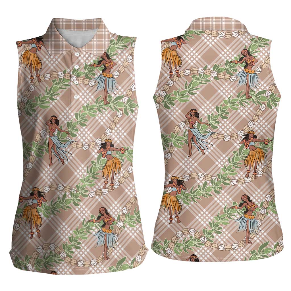 Beige Palaka Hula Girls Seamless Hawaii Aloha Women Sleeveless Polo Shirt - Polynesian Pride