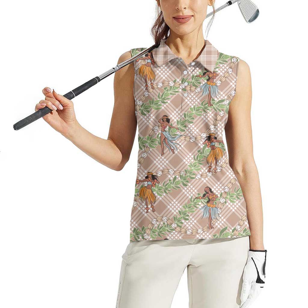 Beige Palaka Hula Girls Seamless Hawaii Aloha Women Sleeveless Polo Shirt - Polynesian Pride