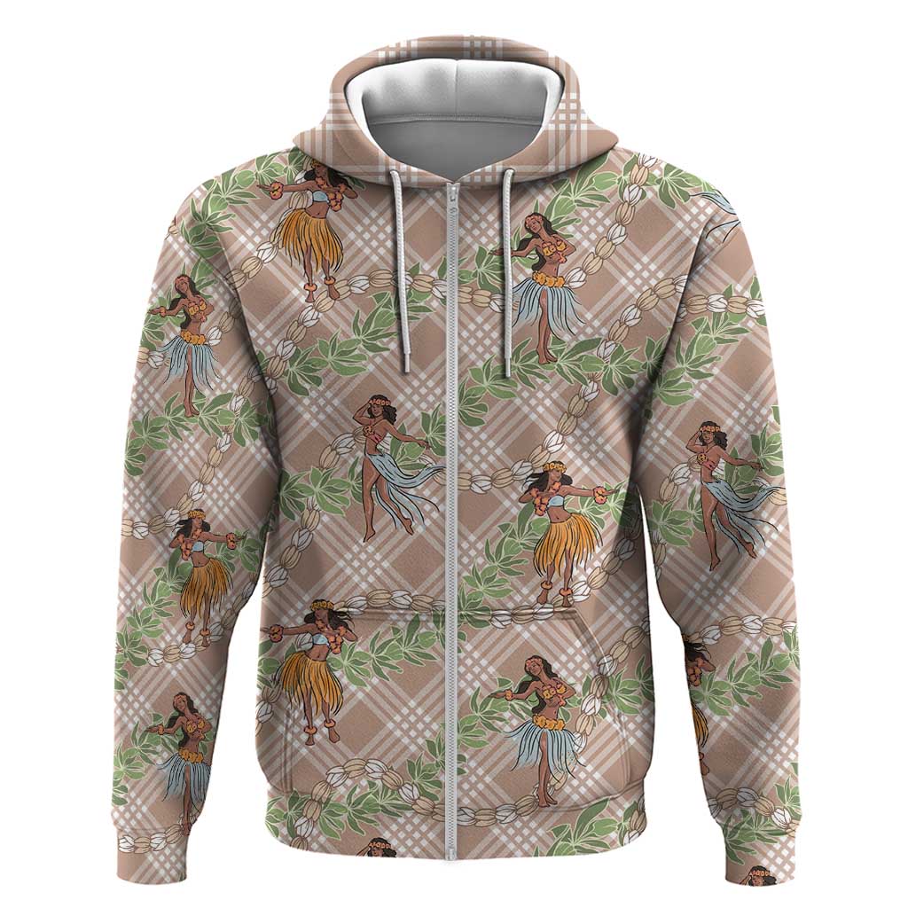 Beige Palaka Hula Girls Seamless Hawaii Aloha Zip Hoodie - Polynesian Pride