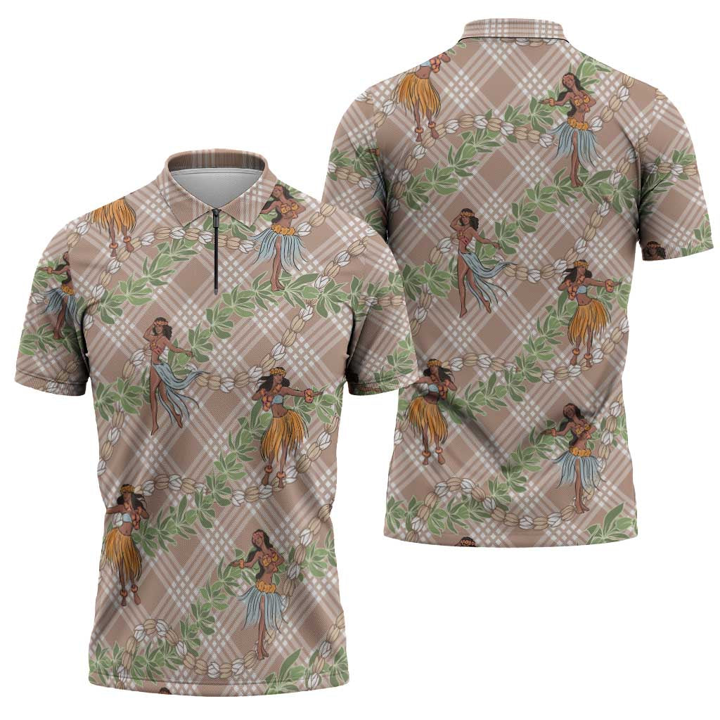 Beige Palaka Hula Girls Seamless Hawaii Aloha Zipper Polo Shirt - Polynesian Pride
