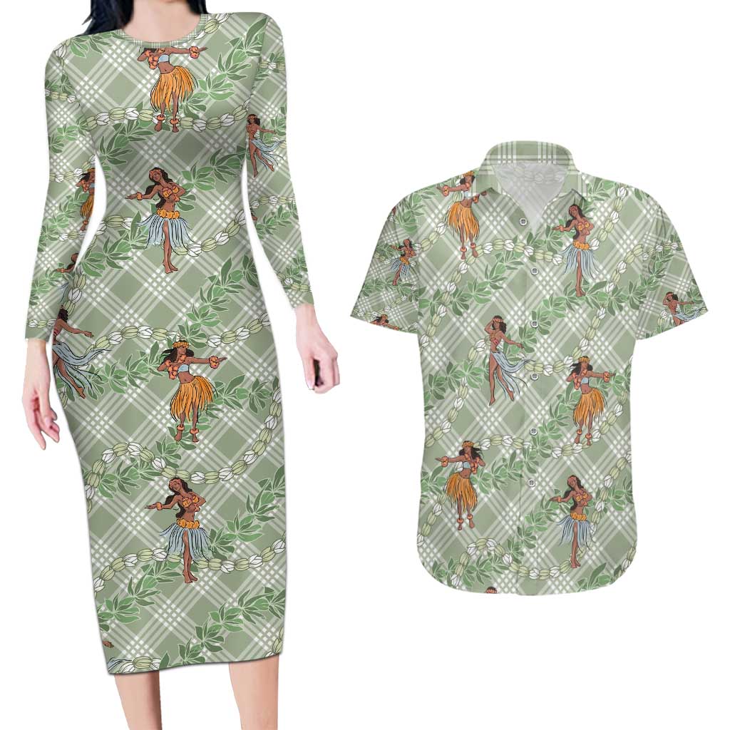Mint Palaka Hula Girls Seamless Hawaii Aloha Couples Matching Long Sleeve Bodycon Dress and Hawaiian Shirt - Polynesian Pride