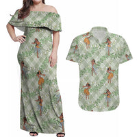 Mint Palaka Hula Girls Seamless Hawaii Aloha Couples Matching Off Shoulder Maxi Dress and Hawaiian Shirt - Polynesian Pride