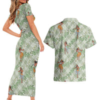 Mint Palaka Hula Girls Seamless Hawaii Aloha Couples Matching Short Sleeve Bodycon Dress and Hawaiian Shirt - Polynesian Pride