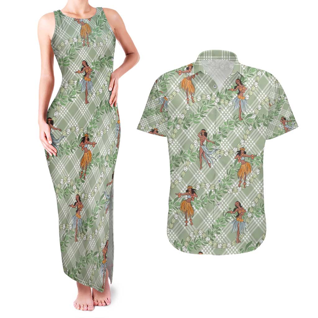 Mint Palaka Hula Girls Seamless Hawaii Aloha Couples Matching Tank Maxi Dress and Hawaiian Shirt - Polynesian Pride