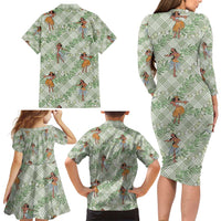Mint Palaka Hula Girls Seamless Hawaii Aloha Family Matching Long Sleeve Bodycon Dress and Hawaiian Shirt - Polynesian Pride