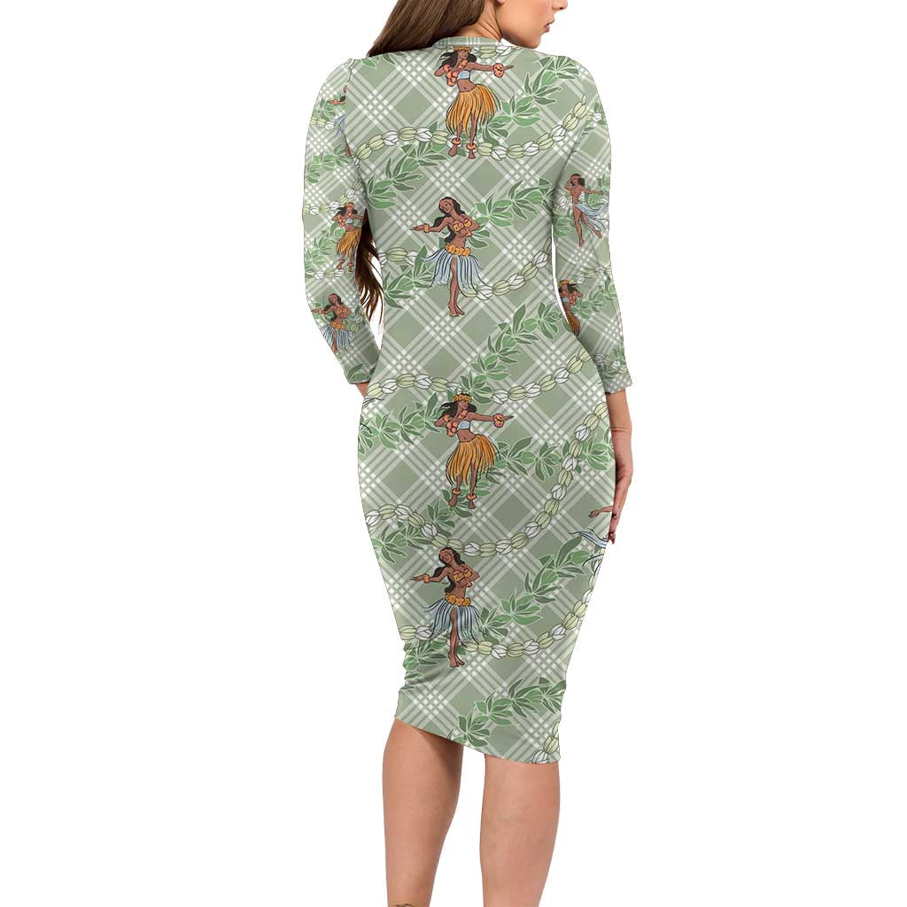 Mint Palaka Hula Girls Seamless Hawaii Aloha Family Matching Long Sleeve Bodycon Dress and Hawaiian Shirt - Polynesian Pride