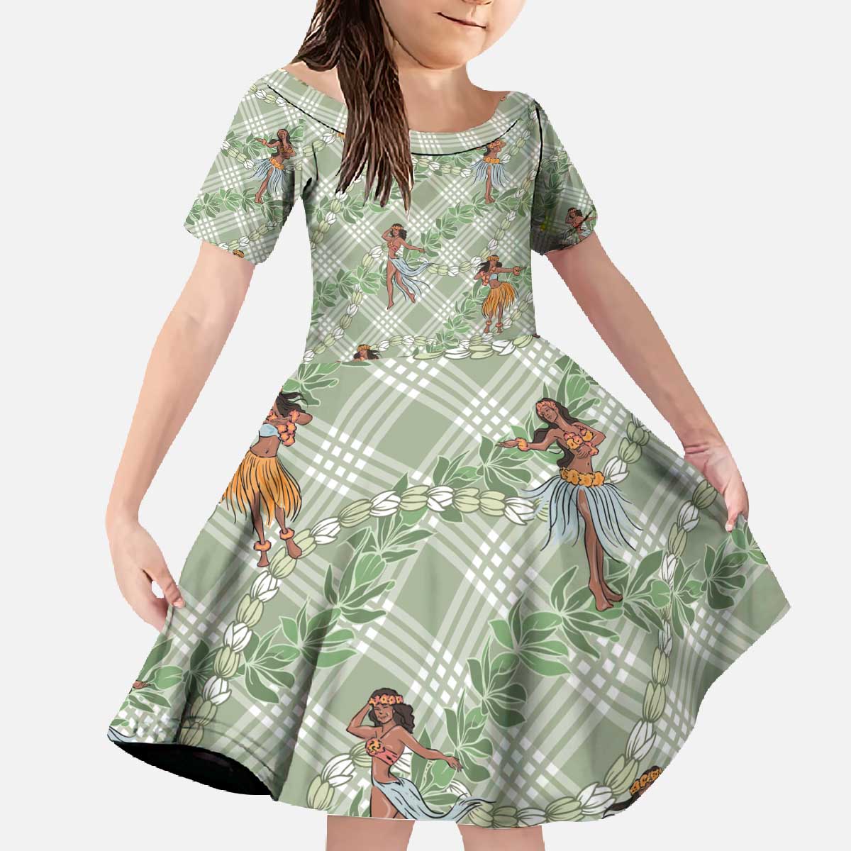 Mint Palaka Hula Girls Seamless Hawaii Aloha Family Matching Off The Shoulder Long Sleeve Dress and Hawaiian Shirt - Polynesian Pride