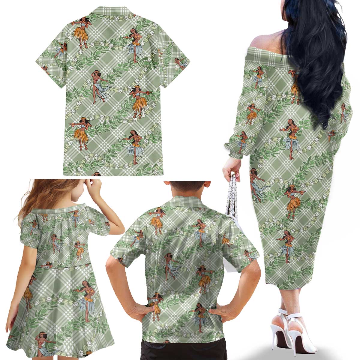 Mint Palaka Hula Girls Seamless Hawaii Aloha Family Matching Off The Shoulder Long Sleeve Dress and Hawaiian Shirt - Polynesian Pride
