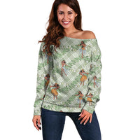 Mint Palaka Hula Girls Seamless Hawaii Aloha Off Shoulder Sweater - Polynesian Pride