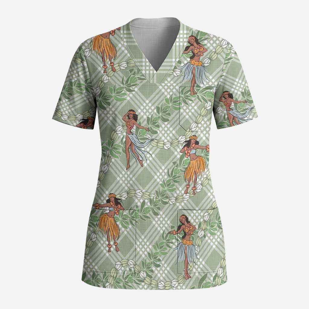 Mint Palaka Hula Girls Seamless Hawaii Aloha Scrub Top - Polynesian Pride